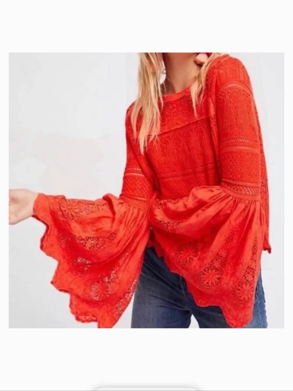 XS NWT Free People Firey  Red/Orange Crochet Type Bell-Sleeve Top